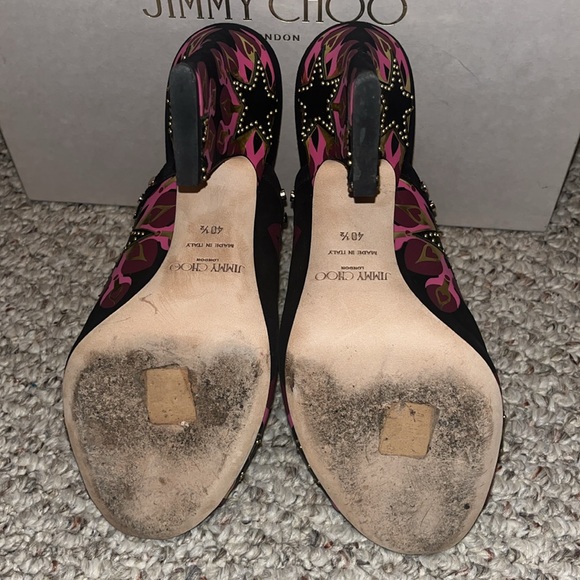 Jimmy Choo, black/pink/gold, suede open peep toe, mule style heels - Picture 3 of 8